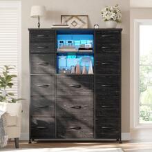 EnHomee 51"H Tall Dresser With 15 Drawers, Dresser For Bedroom With LED Lights & Hutch Sturdy Fabric Bedroom Dresser, Steel Frame, Wood Top, 51.2"H X 39.3"W X 11.8"D, Mother's Day Decor, Room Decor, Home Decor, Black Wood Grain - Xem 7