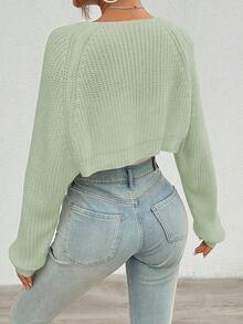 Cárdigan de punto acanalado de color liso y minimalista casual - verde menta - Ver 2