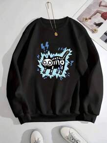 Cute Cat Print Sweatshirt, 100% Cotton Round Neck Sweatshirt - màu đen - Xem 1