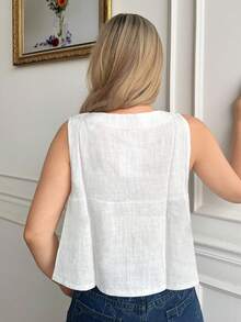 Camiseta sin mangas con nudo delantero de color sólido - Blanco - Ver 3