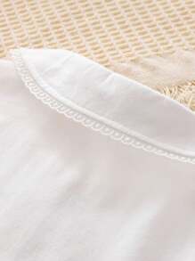 Blusa con cuello con volantes y decoración de moño elegante para niñas, parte superior casual de unicolor estilo universitario, moda de verano para niñas preadolescentes