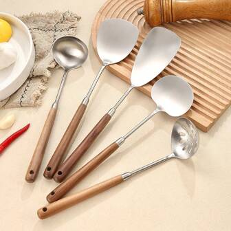 304 Stainless Steel 5pcs Kitchen Utensil Set With Walnut Wood Handles - Square Spatula, Round Spatula, Mushroom Spatula, Soup Ladle, Strainer