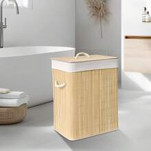 Bamboo Laundry Basket, Large Capacity Collapsible Movable Hamper With Lid & Wheels, Rectangular/Round, Space-Saving Storage For Bathroom, Laundry Room, Bedroom Home Bathroom Decor Bathroom Accessories Bathroom Organizer Fall Decor Back To School - Bamboo Original Color - View 7