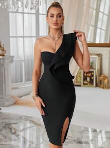 One Shoulder Petal Tight Split Bodycon Dress Graduation Cocktail Party Bandage Dress, Semi Formal Dress, For Birthday, Wedding Guest, Dinner, Homecoming - Black - View 3