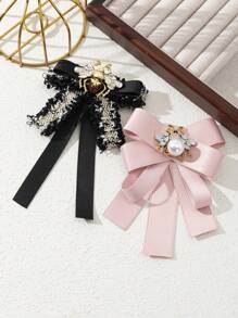 1 Pc Elegant Palace Style Bejeweled Bee Metal Badge With Ribbon Bow Fabric Brooch, Luxury Jewelry Lapel Pin, Suitable For Daily Wear, Gift For Dates