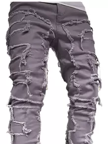 Men's Fashionable Creative Fringe Decorated Denim Jeans, Minimalist Style, Suitable For Summer - Dusty Purple - View 3