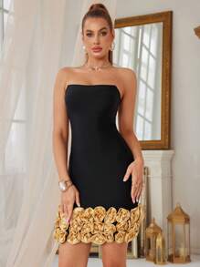 Black Strapless Backless Handmade Flower Short Formal Evening Dresses Wedding Guest Occasions, Holiday Celebrations, Birthday Parties, Party Dress, Gown - Black - View 1