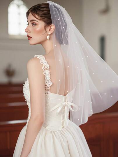 1件装仿珍珠点缀新娘教堂婚礼头纱，带梳子，白色单层柔软薄纱面纱，适合婚礼、秋季拍摄、女士服装、情人节配饰