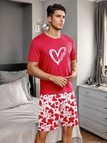 男士心形印花睡衣套装，家居睡衣 - 紅色 - 查看 9