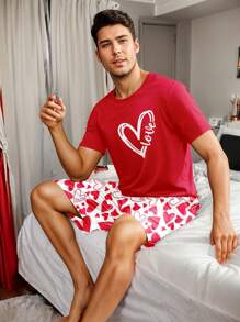 男士心形印花睡衣套装，家居睡衣 - 紅色 - 查看 2