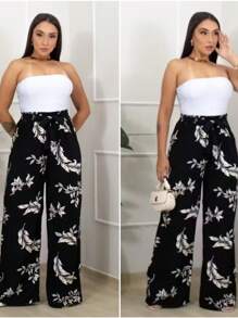 Printed High-Waisted Palazzo Pants With Pockets, Lining And Ties - Black Printed Trousers - View 2