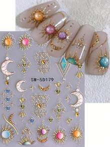 Autocollants pour ongles avec design de décalcomanie de mandala à croissant de lune, décoration d'ongles en relief 5D, motif de fleur de mandala coloré avec lignes dorées en métal blanc, style élégant rétro, autocollants adhésifs pour ongles, accessoires DIY pour salon de manucure, décoration d'ongles pour débutants DIY à la maison, cadeau pour femmes
