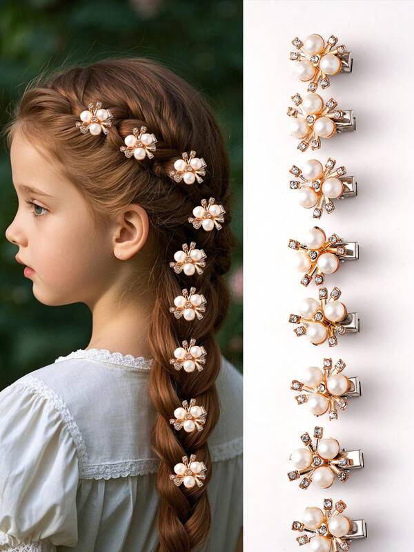 10pcs Cute Simple Flower Hair Clips, Faux Pearl Crystal Design, Suitable For Teenage Girls, Party And Daily Use - Perfect Gift For Birthday And Holidays