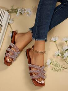 Summer Outdoor Fashion Elegant Crystal Sandals For Women, Size 35-43, Rust Brown Flat Slip-On Beach Slippers, Suitable For Daily Wear - Rust Brown - View 3