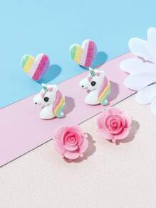 3 أزواج من أقراط بمشابك أطفال جميلة بشكل وحيد القرن و الزهور