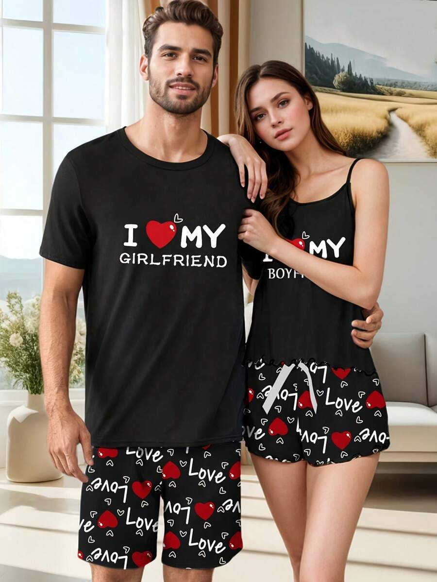 Set de pijamale de vară ușoare asortate pentru cupluri, cămașă și pantaloni scurți fără mâneci pentru bărbați cu imprimeu cu litere "I Love My Girlfriend", îmbrăcăminte romantică pentru acasă
