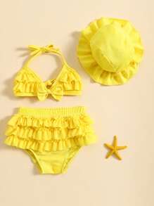 Conjuntos de trajes de baño de verano para niñas pequeñas, blusa con cuello colgante, pantalones cortos con volantes en capas y sombrero. - Amarillo - Ver 2