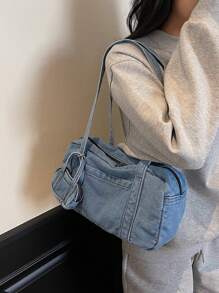 حقيبة كتف جينز سعة كبيرة بلون أحادي 2 قطعة مع محفظة معلقة، حقيبة عملية وبسيطة للتنقل تحت الذراع، حقائب يد متعددة الاستخدامات، مثالية للفتاة الريفية
