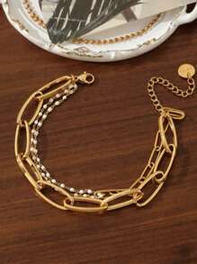 1件装时尚简约双层四叶草吊坠手链，18K镀金不锈钢材质，不易褪色，可叠戴，ins风夏季派对及开斋节情人节礼物 - 金黃色 - 查看 16