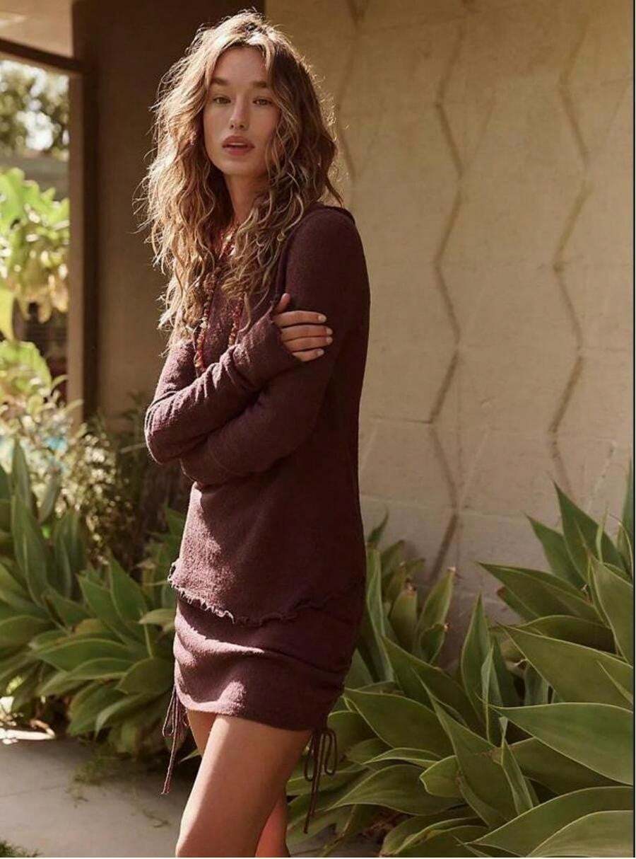 Women 2-Piece Knitted Outfits Solid Color Long Sleeves Sweater And Side Drawstring Mini Skirt Set For Streetwear - Chocolate Brown - View 1