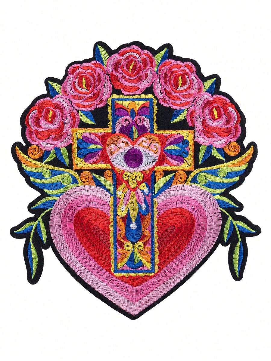 1pc Large Flower, Heart, Cross Patch, Personalized DIY Clothing Material, Embroidery, Sewing, Iron On Patch, Clothes, Shoes, Bags Decor Accessory Summer, School - Multicolor - View 1