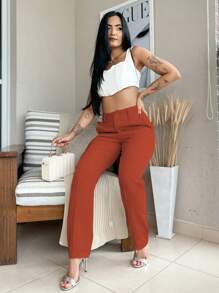 Women's Tailored Trousers With Side Pockets, Hem Detail, Solid Color, Straight Leg, Suit Pants - 珊瑚橙 - 查看 5