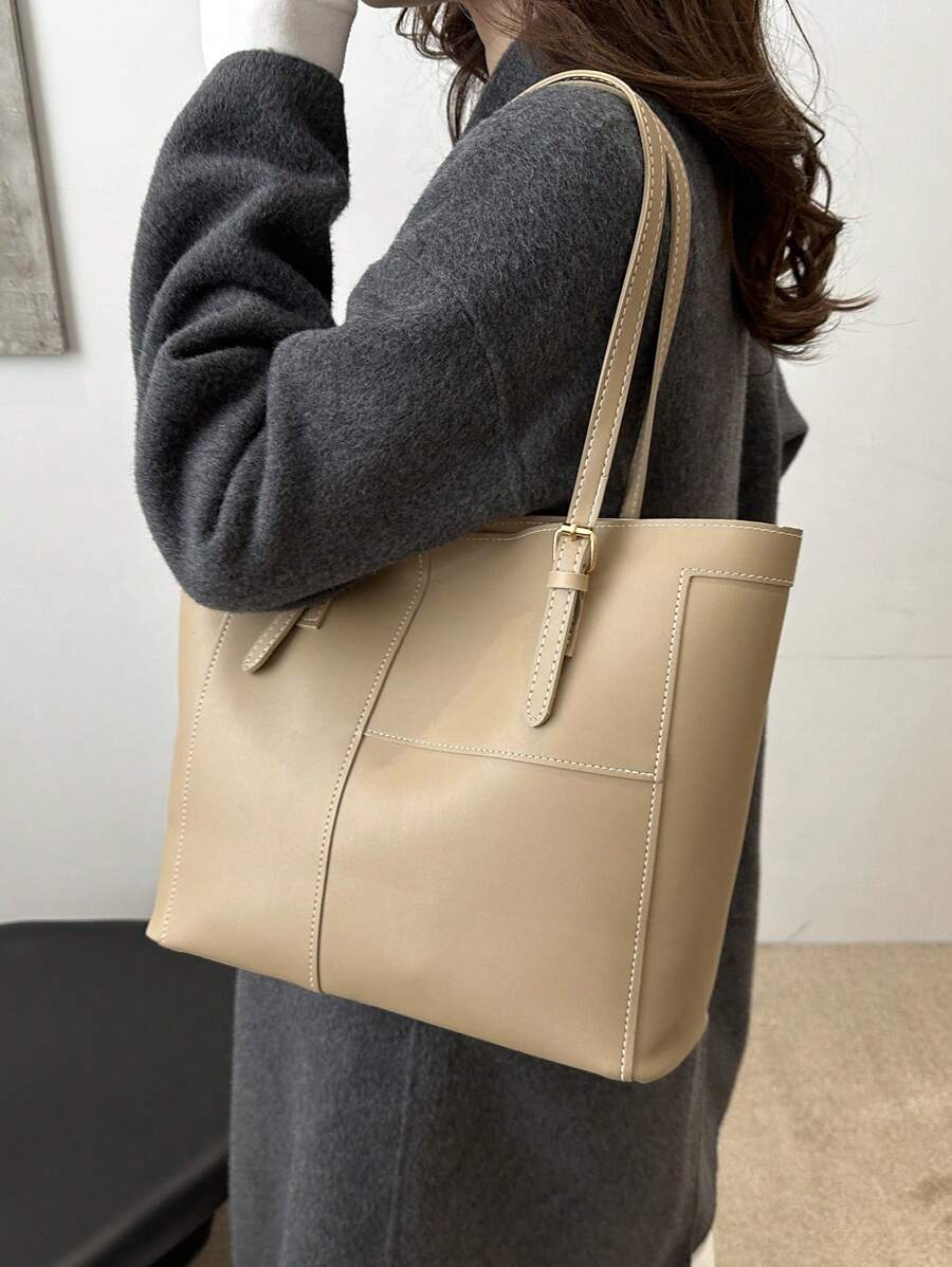 A Retro Fashion Large Capacity Tote Bag, Zip Opening, Stitching, Solid Colour Soft Surface, Lightweight Shoulder Bag. Suitable For Ladies Daily Life Leisure, Commuting, Holiday, Work Use