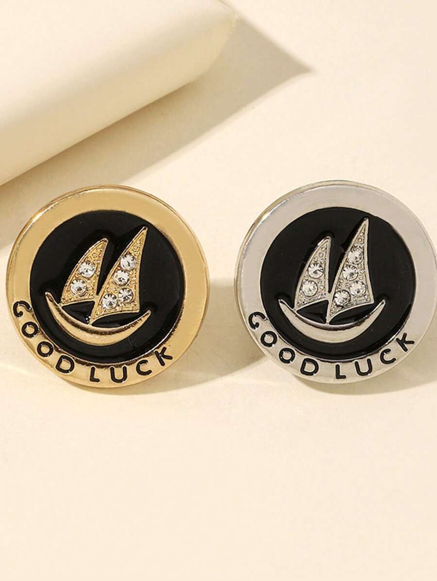 1pc Vintage Zinc Alloy Round Letter Rhinestone Decor "Smooth Sailing" Lapel Pin Brooch For Men Pin For Clothes Bag Charm