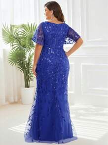 EVERPRETTY Blue Sequin V-Neck Ruffle Sleeve Mermaid Hem Formal Dress, Suitable For Party, Wedding Guest Attire
