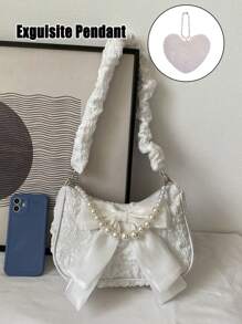 1pc Bow Knot Pearl Nylon Zipper Closure Cute Versatile Shoulder Bag, Suitable For Daily Use - White + Love Pendant - View 1
