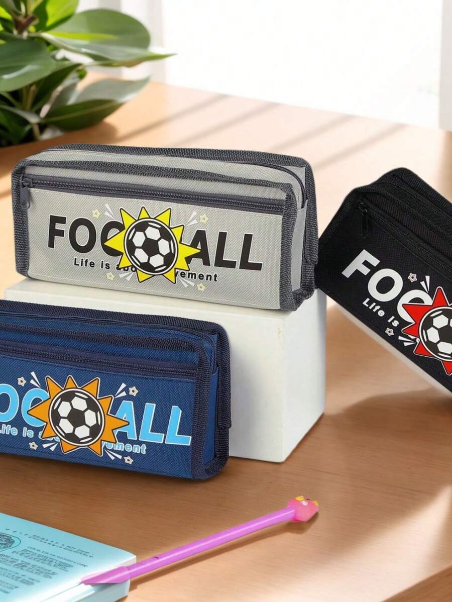 1pc Cartoon Multifunctional Pencil Case, Football Design Pen Bag For Middle/Elementary School Students - Multicolor - View 1
