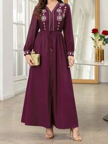 Womens Caftan Dress Abaya Robe Long Sleeve V Neck Graphic Print Zip Up Loose Kaftan Dress - Purple - View 4