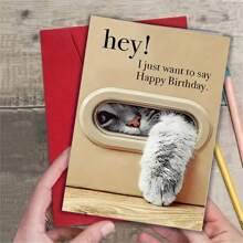 Adorable Cat Birthday Greeting Card - "Hey! Just Wanted To Wish You A Happy Birthday" Message, Includes Envelope, Cartoon Animal Themed, Tactile, Suitable For Any Recipient, Birthday Card
