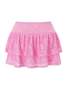 Women Tiered Ruffled Short Skirts Floral Lace Sheer Mid Rise Lined Cute Flowy Mini Skirts - Pink - View 4