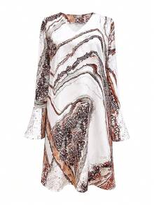 女士休闲大理石纹印花喇叭袖连衣裙，适合度假穿着，优雅春季款 - 彩色 - 查看 2