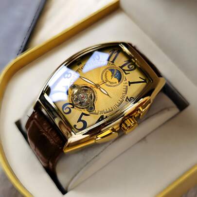 1pc Men's Mechanical Watch, European And American Style Barrel Shaped Dial, Mechanical Timepiece, Fashion Minimalist, Hollow Dial Design