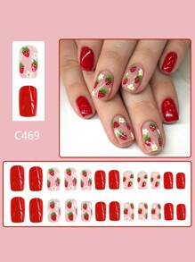 24pcs Short European-Style Shiny False Nails Set, Cute Strawberry & White Flower Design, Elegant And Sweet All-Match Nail Art Kit, Full Cover, Reusable, Suitable For Women & Girls To Wear For Parties, Dance Parties, And Daily Use. Press On Nails Nail Supplies - Red - View 2