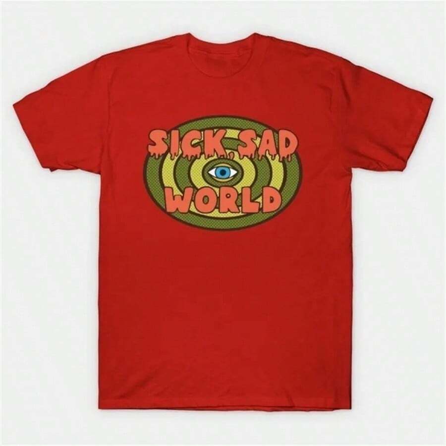 Daria Sick Sad World Drippy Text Eye Logo T-Shirt Short Sleeve Top Summer Tops Men's Women's T-Shirt Cotton Casual Printed Tee Funny Sportswear Breathability And Moisture Absorption Suitable For Party Home Daily Leisure Sports And Fitness - 紅色 - 查看 1