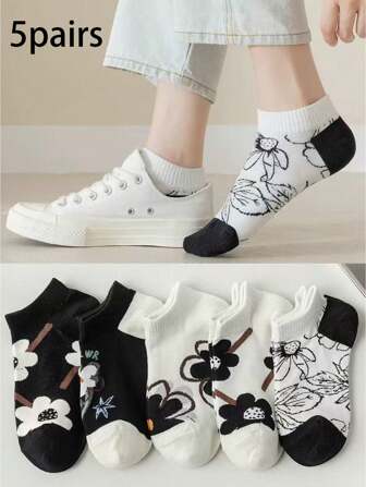 5 par söta korta strumpor för kvinnor, lämpliga för dagligt bruk på våren och hösten