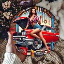 Vintage Car Girl Logo - Decorative Metal Wall Art, Size 7.8 X 7.8 Inches, Suitable For Home, Garden, Bar, Cafe, Office, Garage, Man Cave - Universal Retro Wall Decor, No Power Required, Random Hole Style Gifts Birthday Graduation - Multicolor - View 4