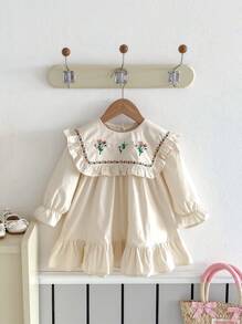 1 件装女童褶皱下摆刺绣领公主裙，休闲舒适长袖，适合春夏季
