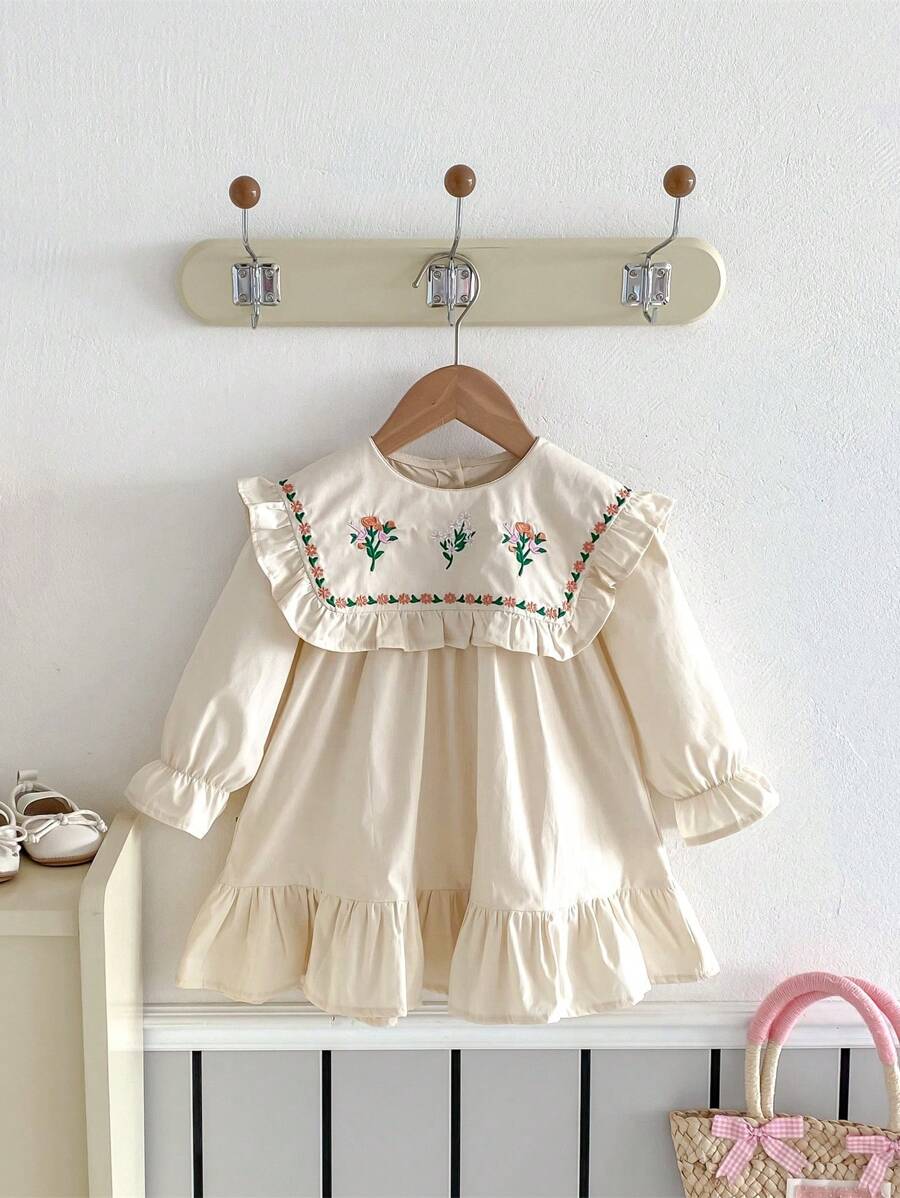 1 件装女童褶皱下摆刺绣领公主裙，休闲舒适长袖，适合春夏季