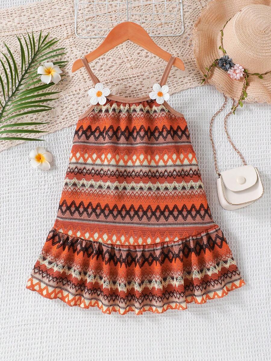 Young Girl 3D Floral Decor Strap Lining Dress