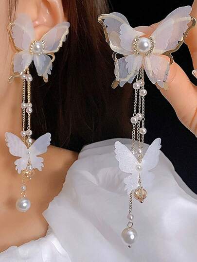 1 par de pendientes elegantes y con estilo vintage, adorables, con encaje, cristales de strás y perlas falsas en forma de mariposa con borlas largas, adecuados para el uso diario de la mujer y para ocasiones festivas