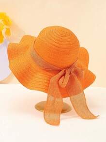 1 件男女通用幼儿亚麻面料蝴蝶结装饰简约休闲波浪风格草编太阳帽，适合夏季外出、日常生活防晒、沙滩度假装、儿童节礼物、婚礼季节服装