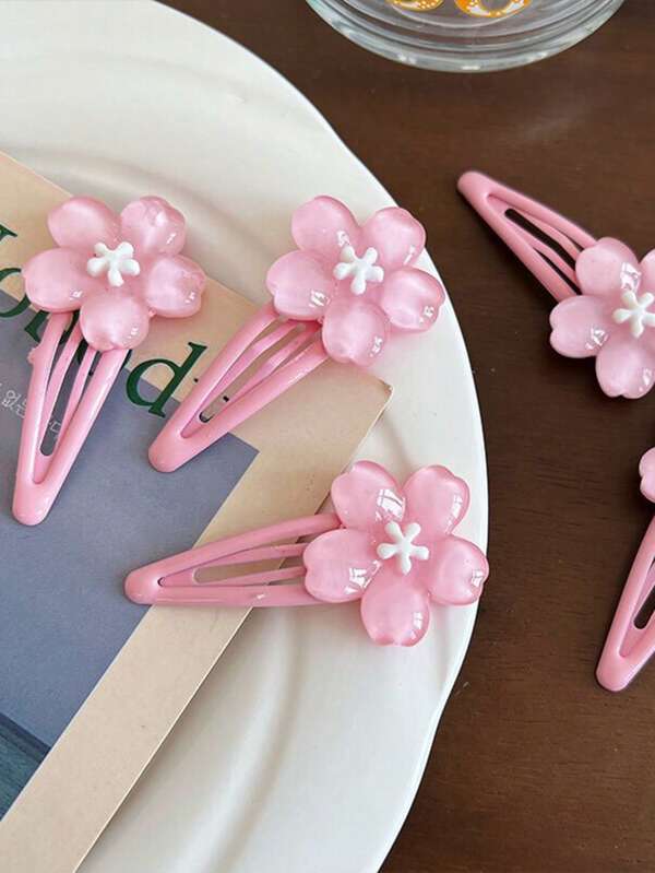 2pcs Candy Color Sweet Sakura Shaped Small Hair Clips Cute Simple Versatile Side Clips Girls Hair Accessories Hair Styling Tools Accessories Suitable For Travel