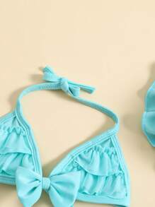 Conjuntos de trajes de baño de verano para niñas pequeñas, blusa con cuello colgante, pantalones cortos con volantes en capas y sombrero. - Azul - Ver 5