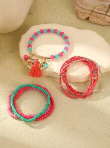 Set de 9 piezas Brazaletes de mujer con cuentas de vidrio y borlas, estilo bohemio con cadena metálica