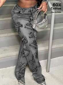 女式休闲度假时尚性感ins风字母刺绣牛仔裤，秋季 - 深灰色 - 查看 8