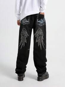 Men's Embroidered Washed Casual Relaxed Straight-Leg Jeans Hip-Hop Streetwear Angel Wing Embroidery  For Husband, Boyfriend Gifts Going Out Hang Out Commute College  Everyday Outfits Street Dance - 黑色 - 查看 2